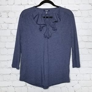 Chaps ruffle tie neck dark blue 3/4 sleeve t-shirt